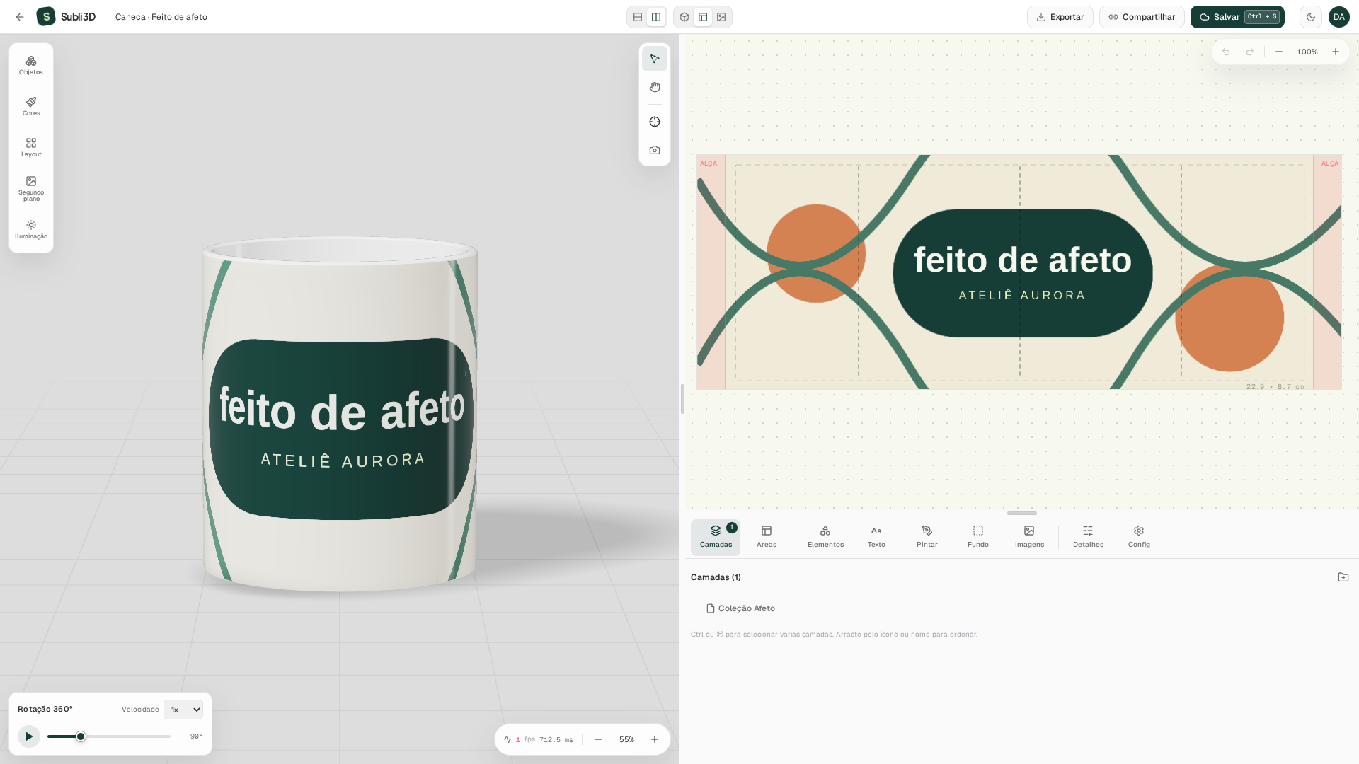 Estampa no editor 2D ao lado da caneca personalizada na prévia 3D do Subli3D