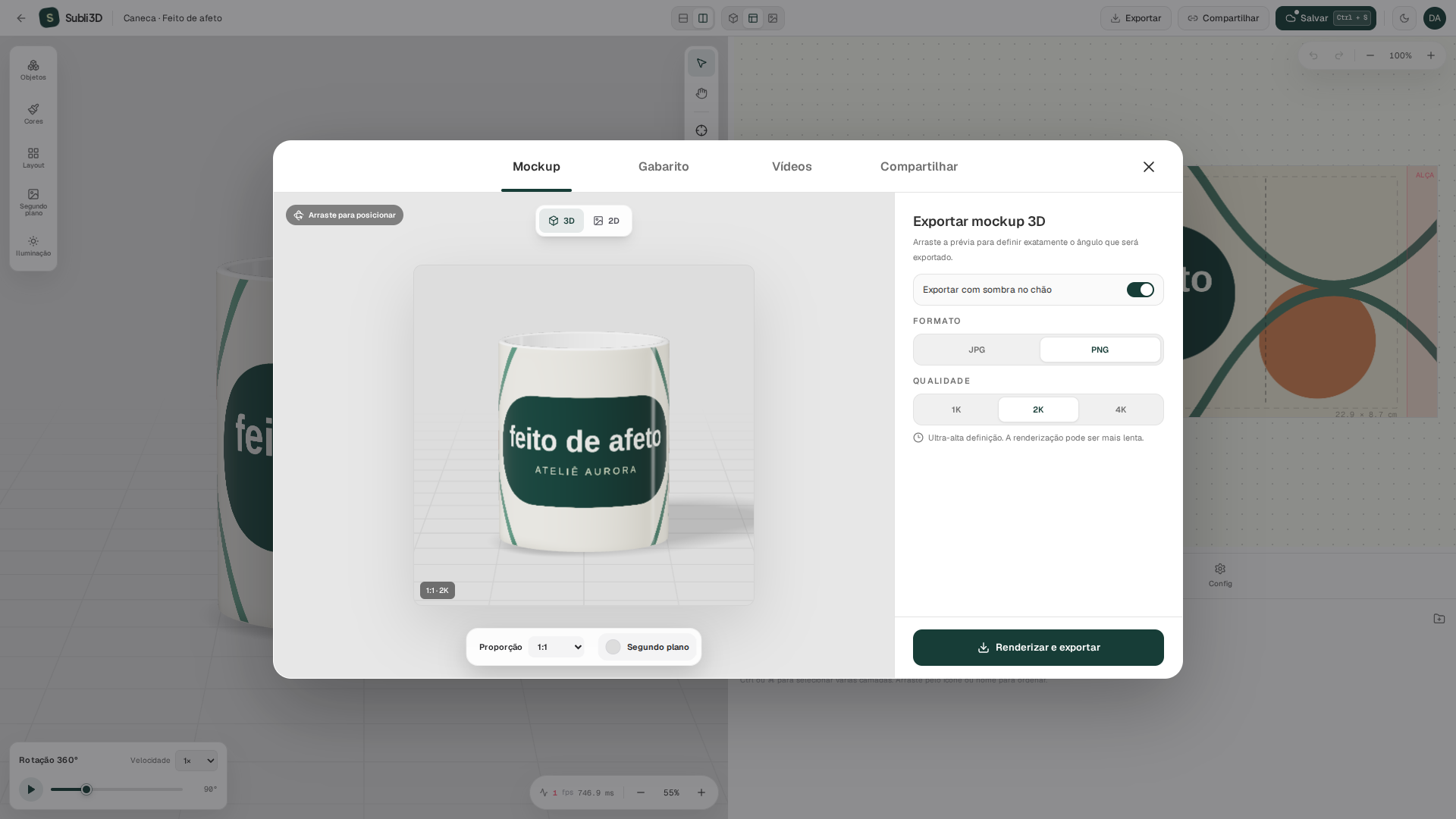 Estúdio de exportação do Subli3D com prévia da caneca, formatos e resolução no plano Studio