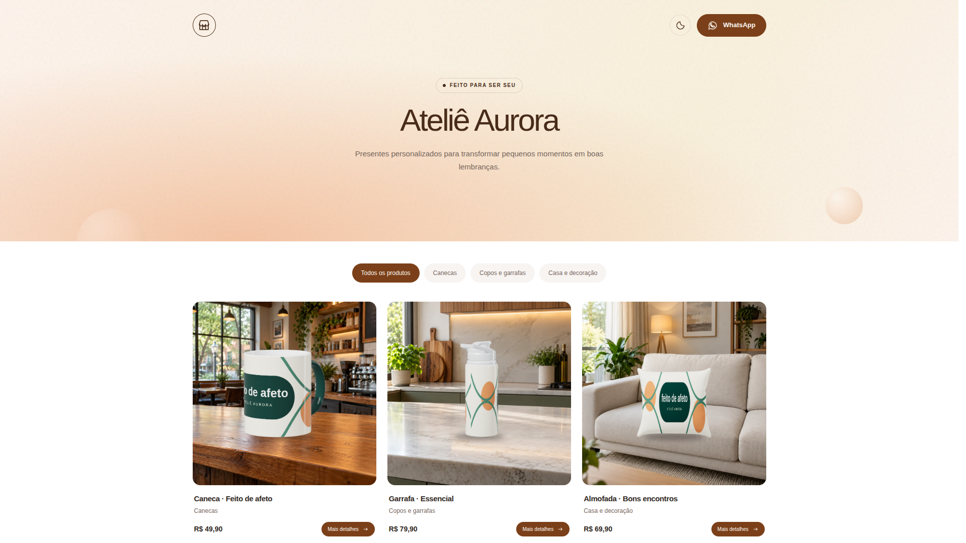 Vitrine pública Ateliê Aurora no tema Laranja, com produtos personalizados, preços e botão WhatsApp