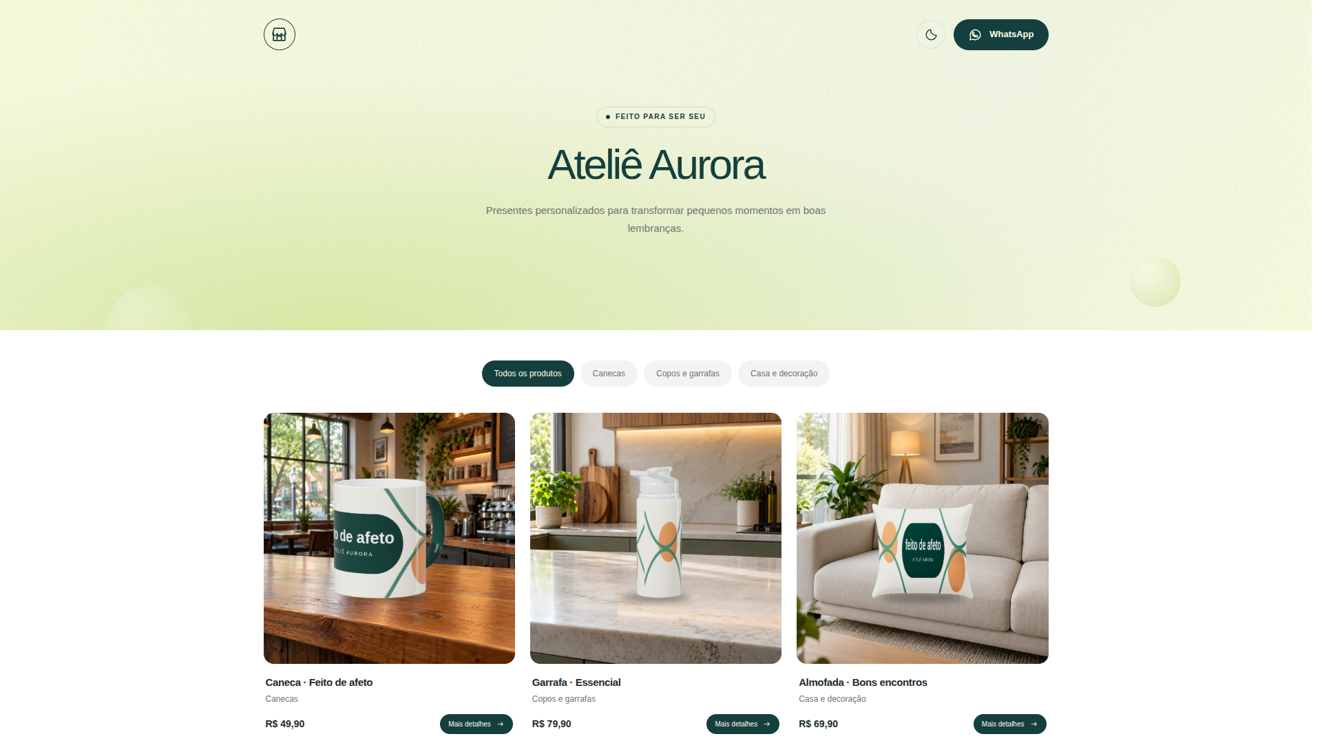Vitrine pública Ateliê Aurora no tema Verde, com produtos personalizados, preços e botão WhatsApp