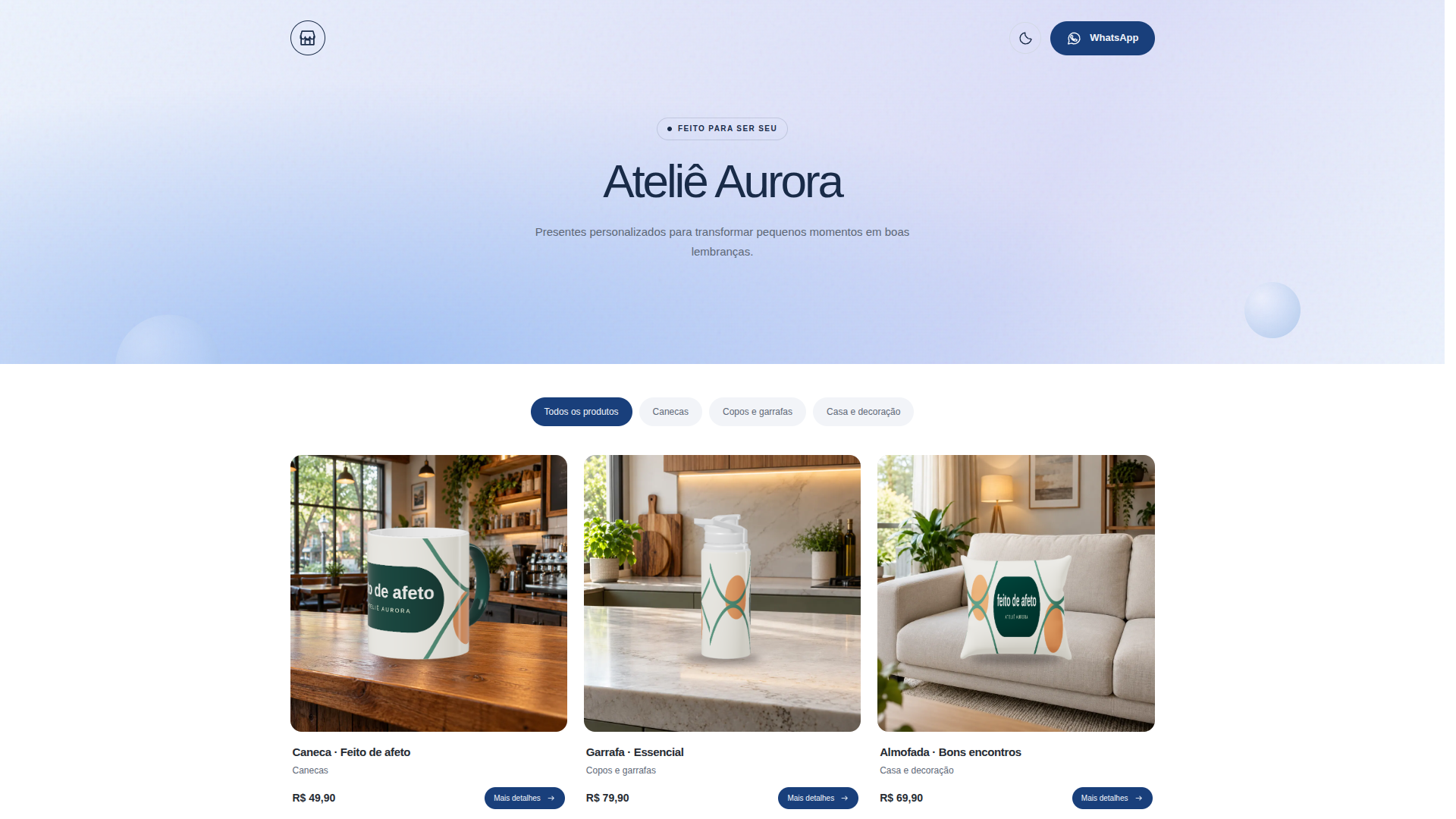 Vitrine pública Ateliê Aurora no tema Azul, com produtos personalizados, preços e botão WhatsApp