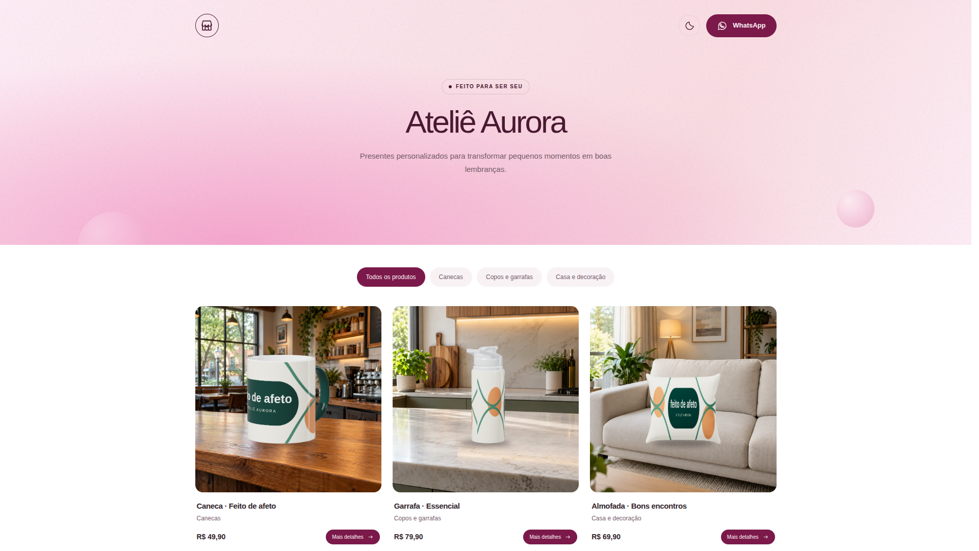 Vitrine pública Ateliê Aurora no tema Rosa, com produtos personalizados, preços e botão WhatsApp