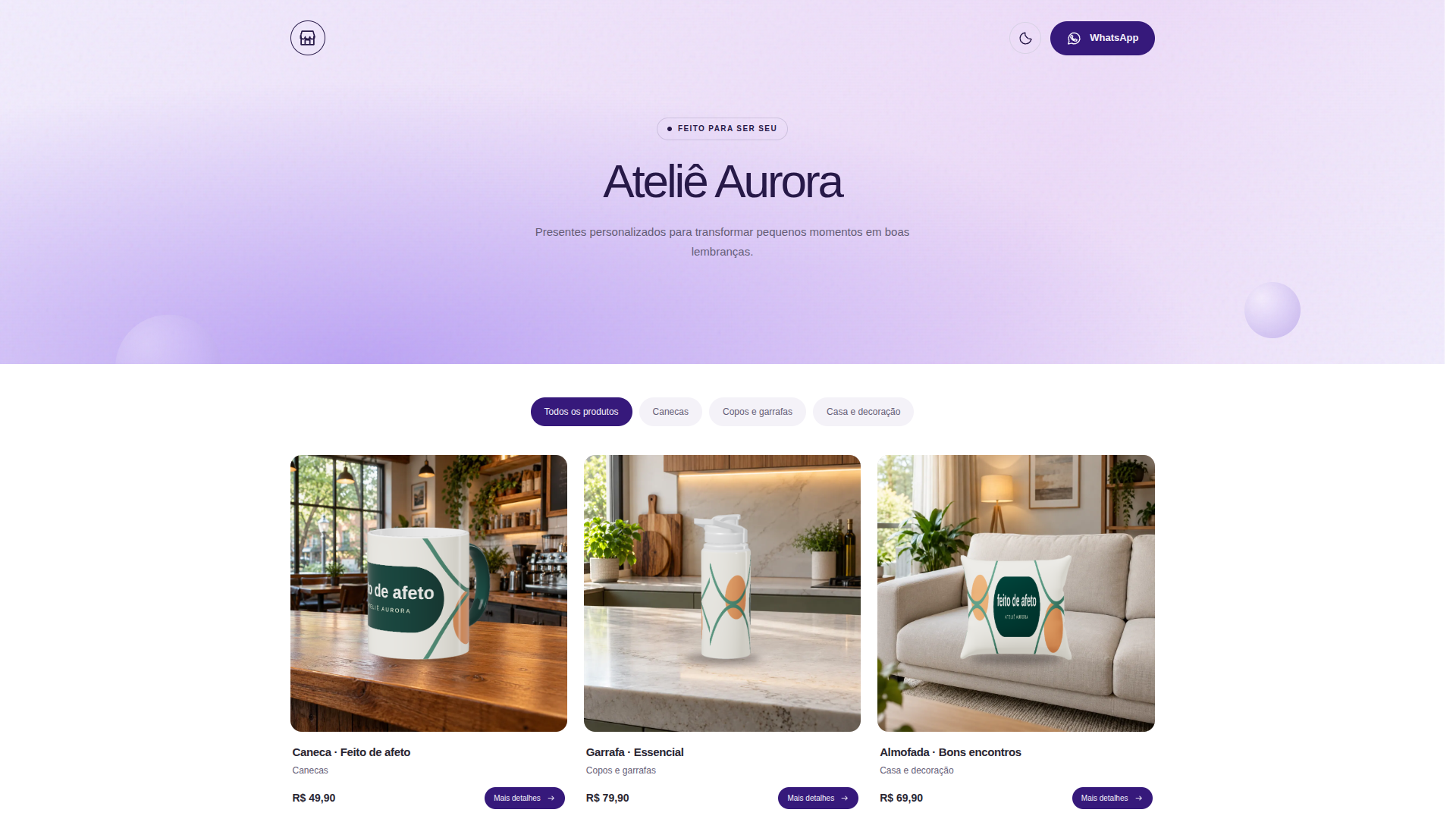 Vitrine pública Ateliê Aurora no tema Violeta, com produtos personalizados, preços e botão WhatsApp
