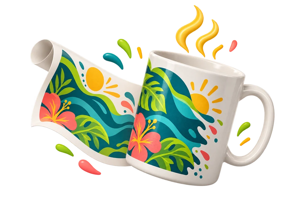 Ilustração de uma Estampa tropical ganhando forma em uma caneca